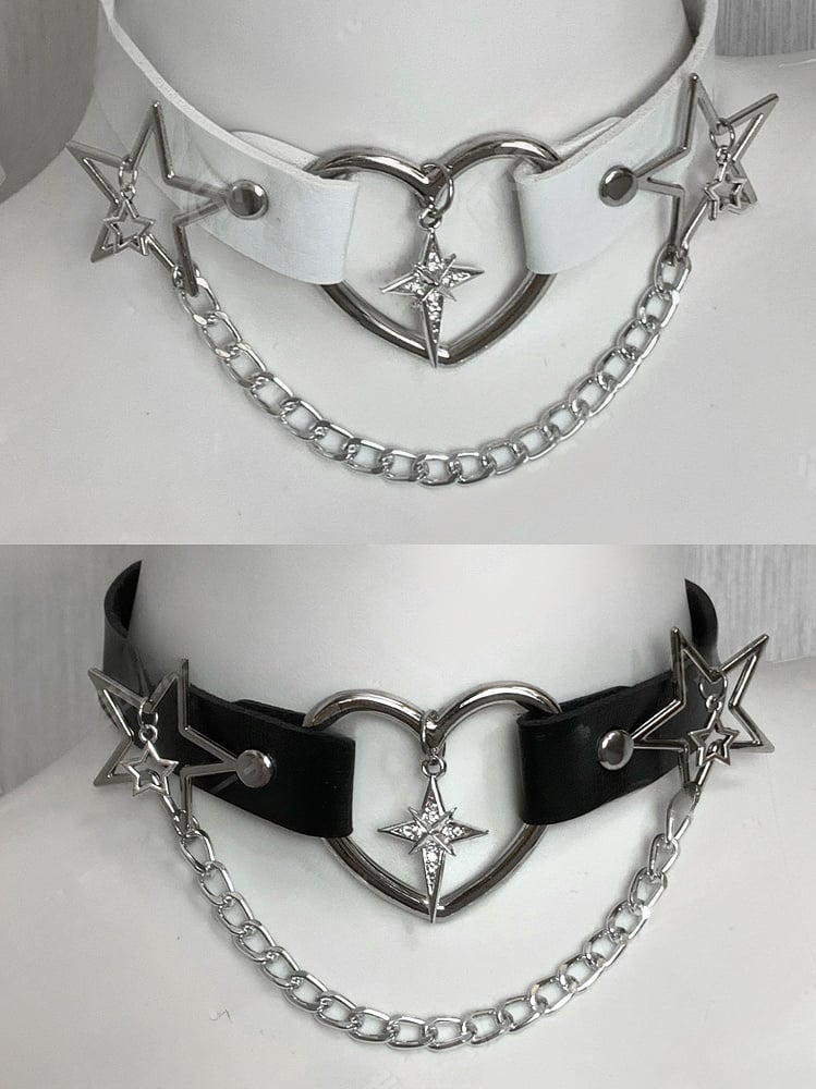 Jirai Kei Black Rhinestone Star PU Choker with Chain