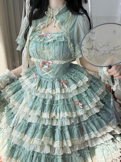 Goldfish Sweet Lolita Details Embroidery Lace Tiered and Green Ruffles with Dress