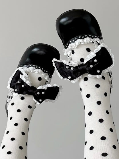 Bow Sweet Beaded Accent Scalloped-Edge with Mary Black Strap Buckle Decorated Leather - Janes Lolita PU