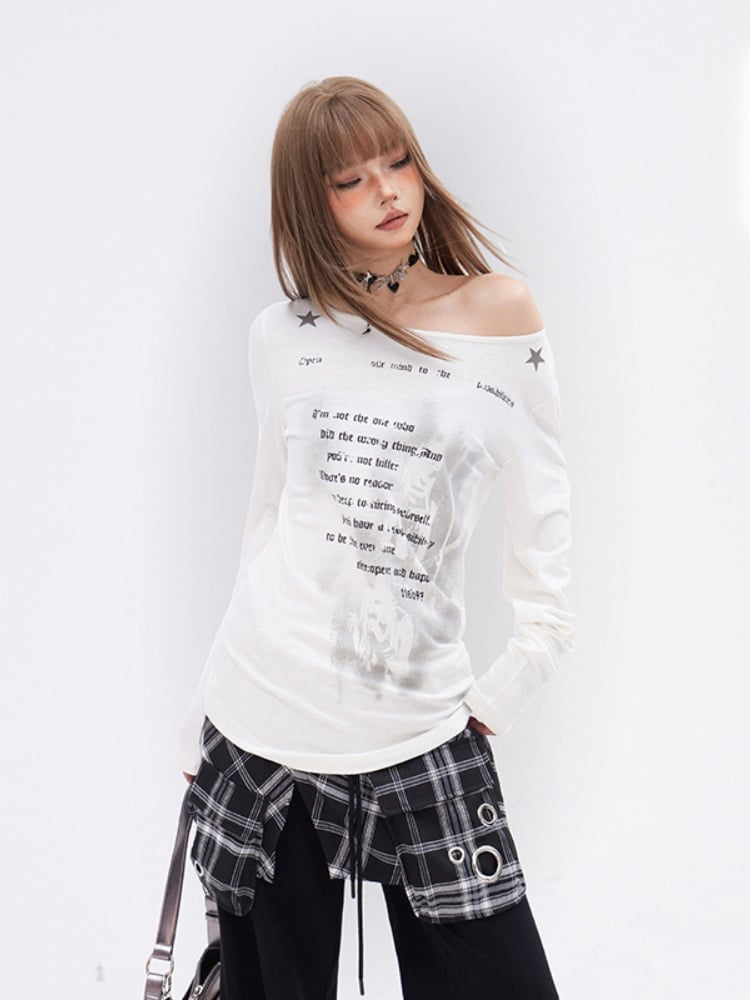 Glamorous Printed Top White Asymmetrical Neckline