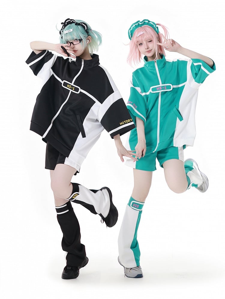 White Colorblock Design Jirai Kei Sports Shorts Black