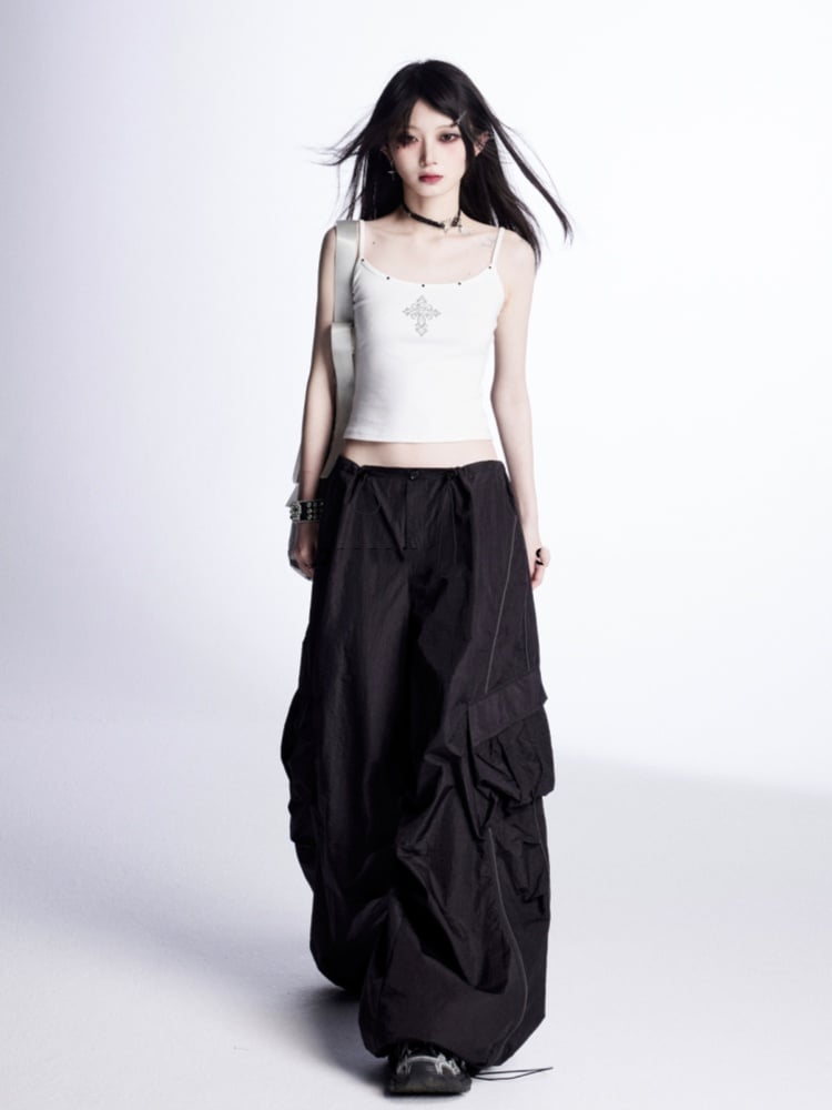 Wide-Leg Cargo Pants Waist Drawstring Cuffs Vintage Black	Low