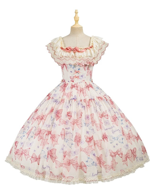 Robe Lolita rose à imprimé papillons et nœuds, décolleté deux façons