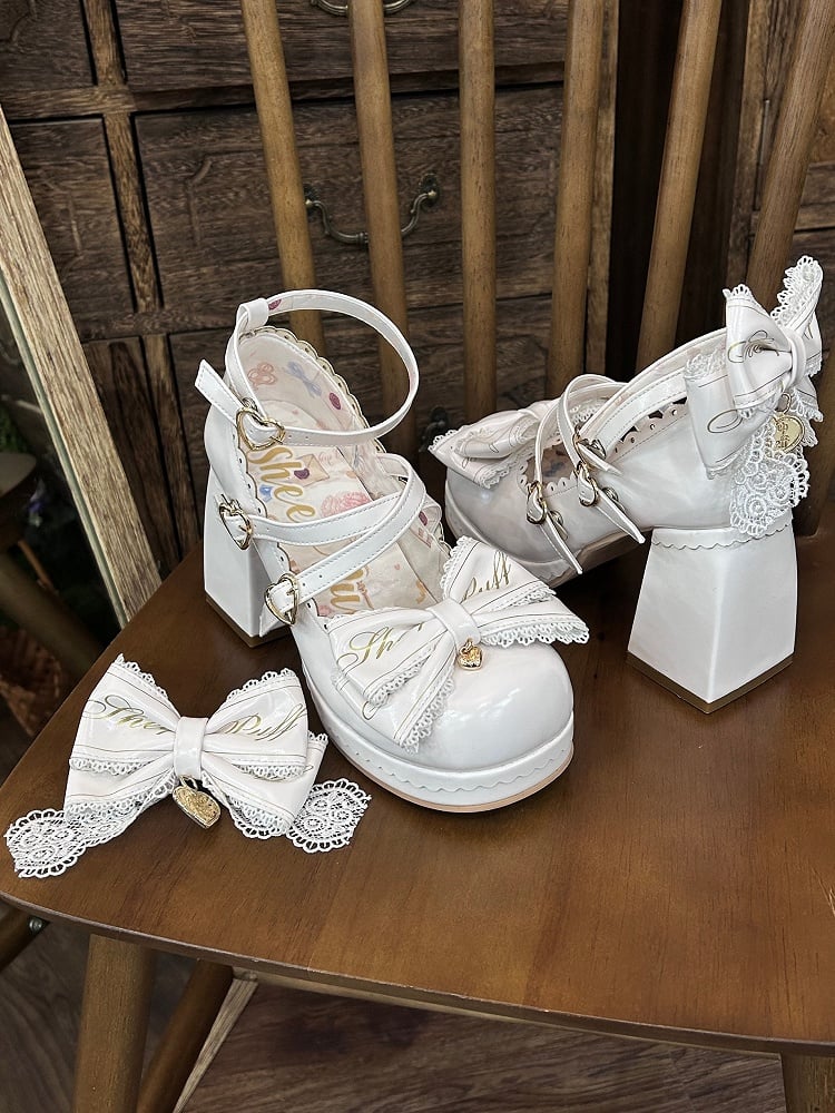 Block Heels Buckles High Bow Detachable Crisscross Design White Top Heart at