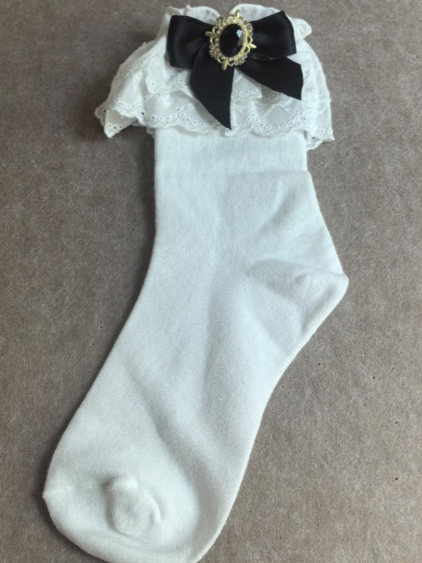 White Calf Ruffled Jirai Cuff Kei Bowknot Pink/Blue/Purple/White/Black/Beige Socks With Details