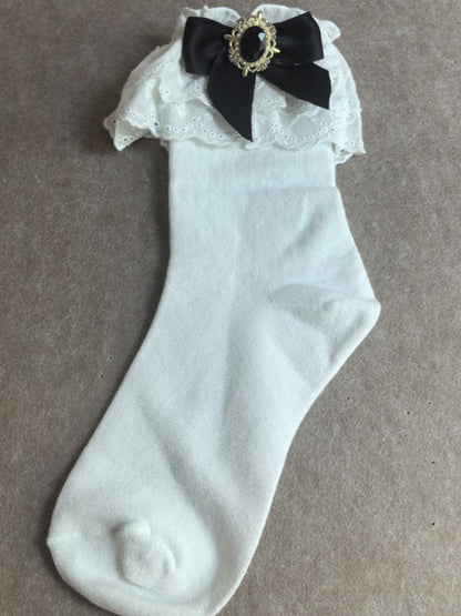 White Calf Ruffled Jirai Cuff Kei Bowknot Pink/Blue/Purple/White/Black/Beige Socks With Details
