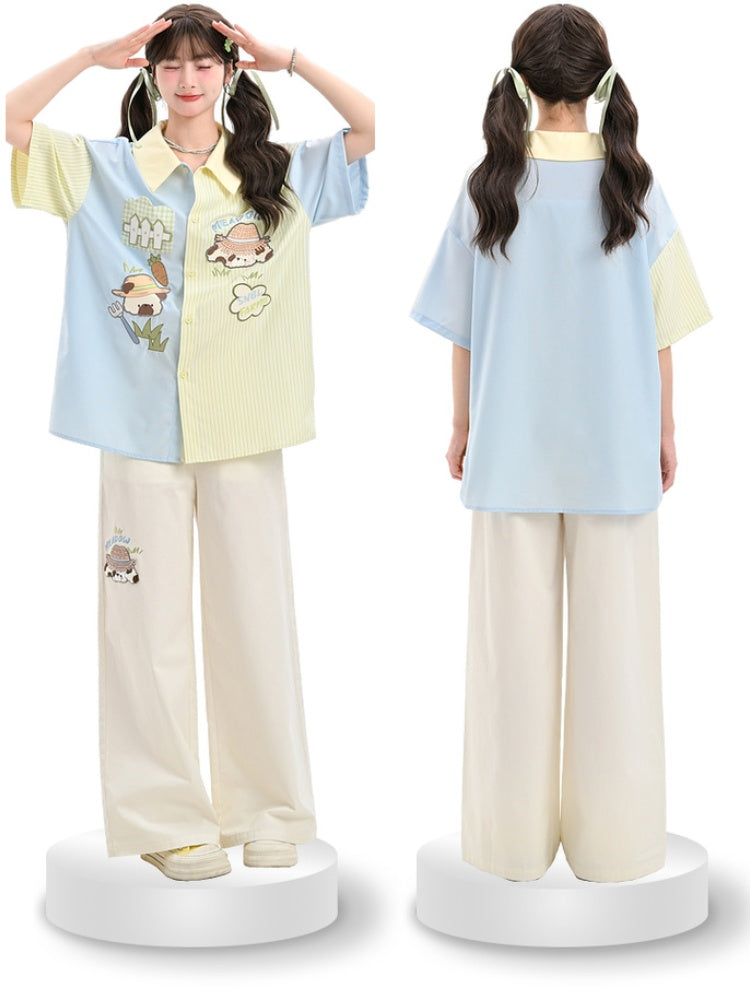 Waist Cartoon Animal Embroidery Regular/Long Wide-Leg Pants Beige High Version