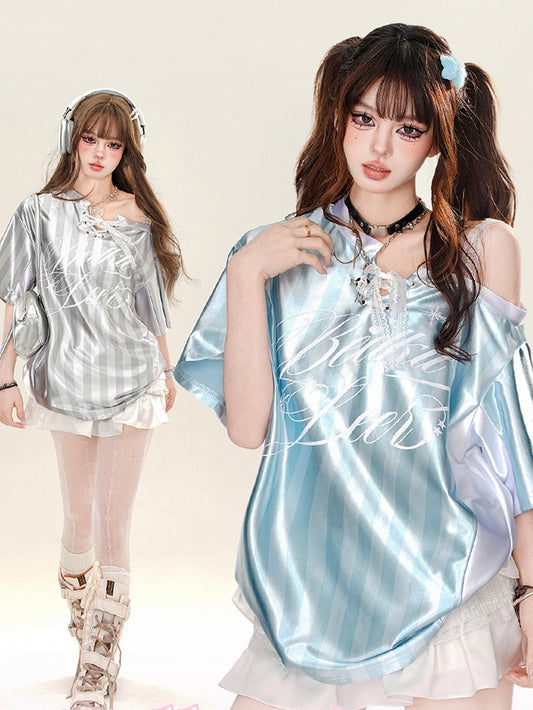 Grey/Blue Lace-up Detail Asymmetrical Neckline Striped Sporty Top