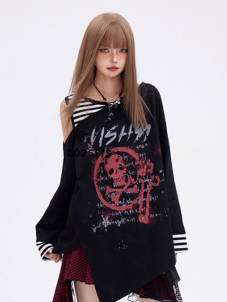 Print Skeleton Punk Top Faux Two-pieces Glamorous Black Asymmetrical Neckline and Hem