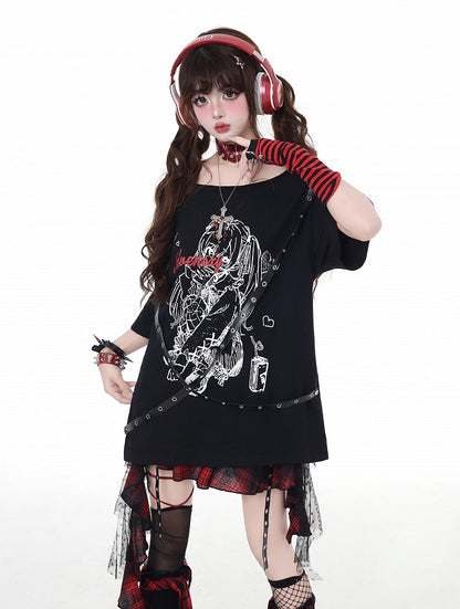 Bittersweet Criss-Cross Straps Design T-Shirt Rock Girl Print Black