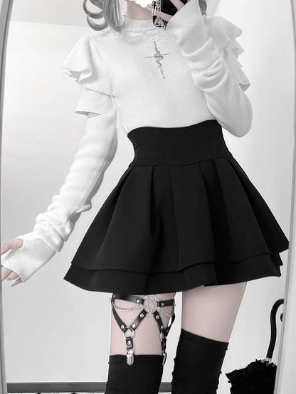 White Embroidery Neck Knit Mock Flutter Gothic Top Sleeves Snake with