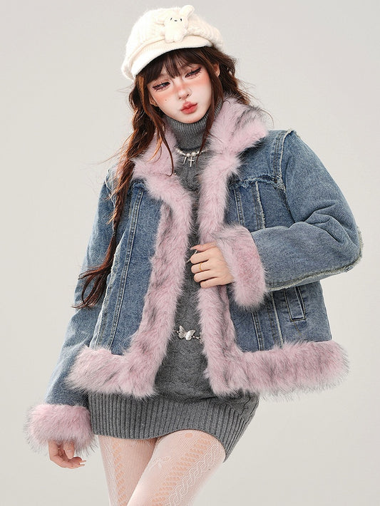 Blue Faux Fur Trim Thick Denim Jacket