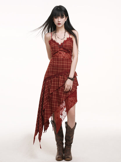 Handkerchief Hem Cutout Midriff Cami Dress Red Plaid V-neck