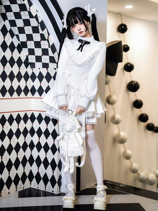 Träger Charm Kleid Gothic Weiß Rüschen Lolita Ausschnitt Schnürung Kreuz