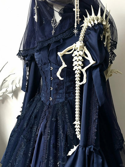 Dark Blue Gothic Lolita Corset Belt with Drawstring Design Cathedral Overlay