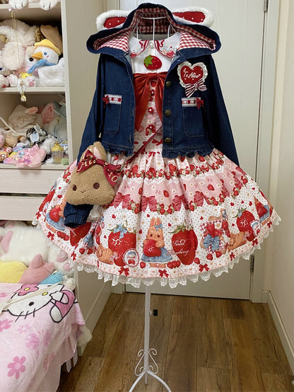 Robe salopette Lolita rose clair à gros nœud et oreilles de lapin, imprimé fraise et lapin printanier