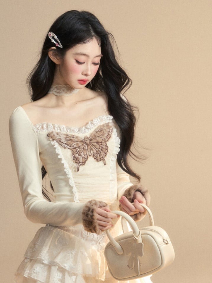 Apricot Lace Butterfly Embroidered Plush Cuff Glamorous Top Knitted Trim