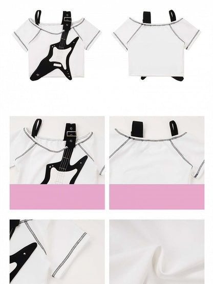 Weißes T-Shirt mit Applikation und schwarzer Gitarre