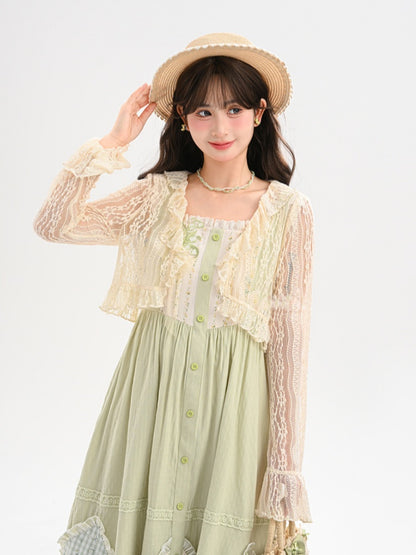 Beige Ruffled Trim Open Placket Lace Top