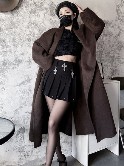 Y2K Black Cross Charms High Waist Studs Punk Pleated Skirt