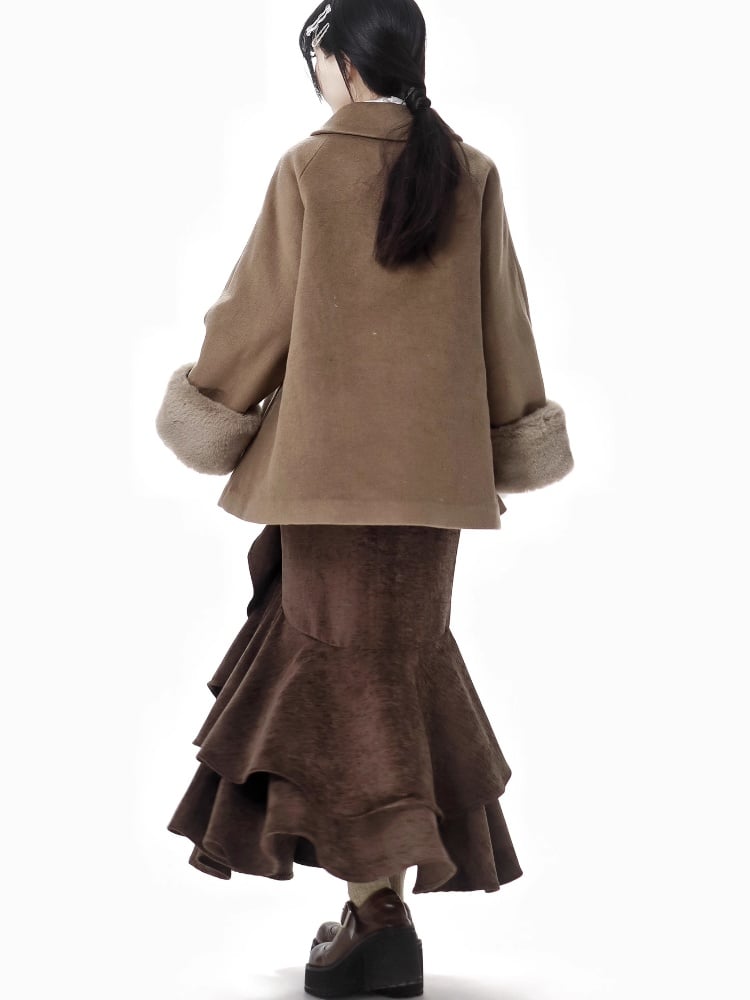 Coffee Baggy Long Sleeves Detachable Plush Cuffs Coat