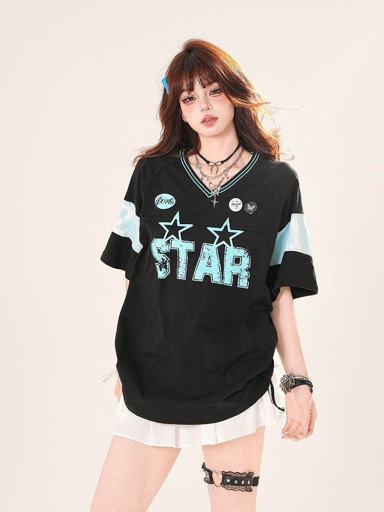 Black/White V-Neck Letter Print Blokette Core T-Shirt