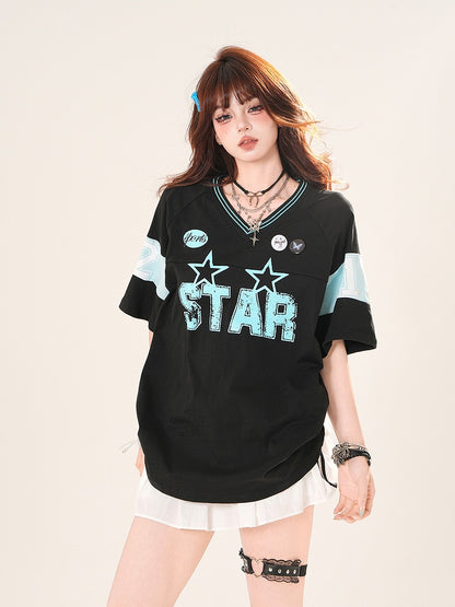 Black/White V-Neck Letter Print Blokette Core T-Shirt