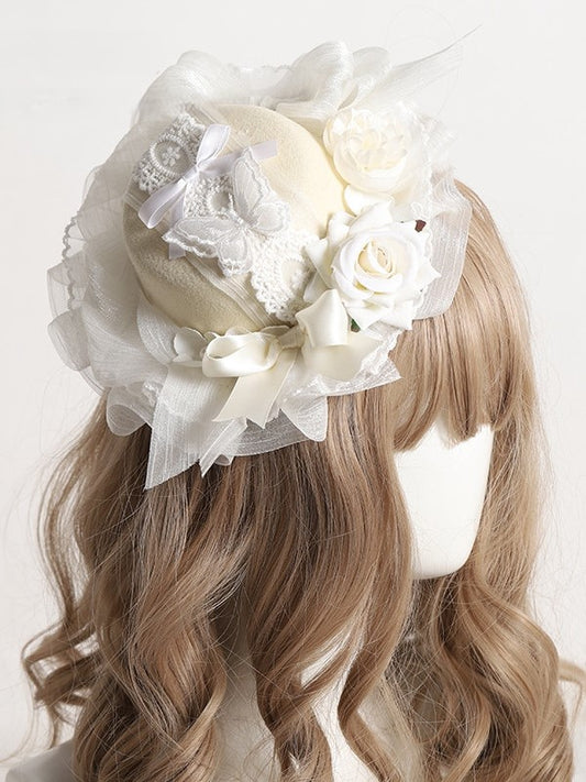 Flowers Lolita Lace Accents/Veil Butterfly Mini Hat and Yellow with