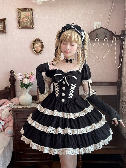 and Lolita Waist One Lace Piece Basque School Dress Beige Old Black Trim