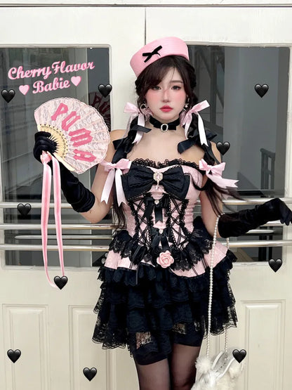 Black and Pink Lace-up Princess Strapless Corset Top / Black Lace Bloomers