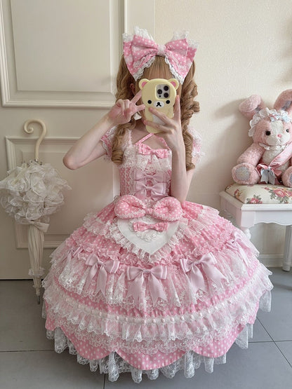 Old Bow Sweet Lolita Dots Dress Pink Polka Accents Pattern School Short Sleeves