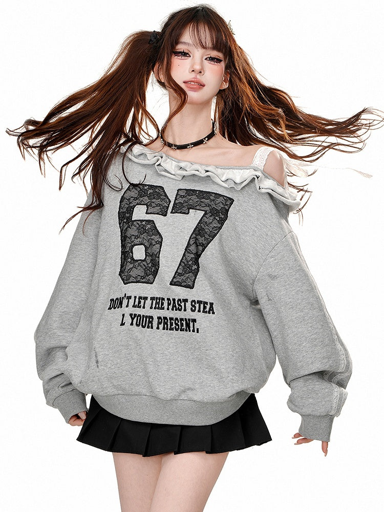 Black/Grey Lace Appliques Asymmetrical Neckline Sweatshirt