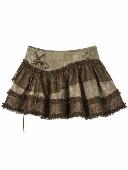 Coffee Vintage Low Waist Asymmetrical Lace Mini Skirt