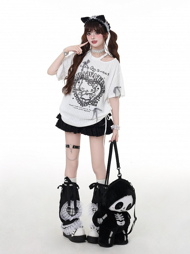 Cutout Y2K Black/White Round Waist Neck Detail T-Shirt Kitty Print Drawstring