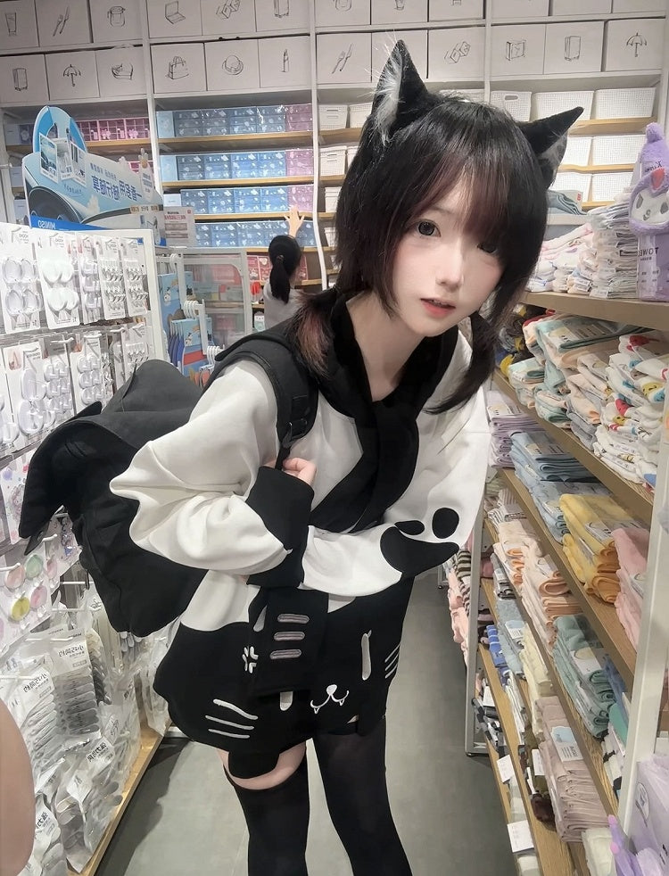 Sweatshirt with Detachable Sailor Collar Black Otaku-Kawaii Grumpy Cat Softgirl White Embroidery and