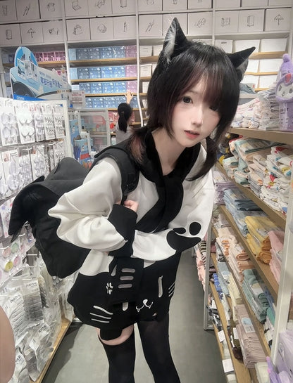 Sweatshirt with Detachable Sailor Collar Black Otaku-Kawaii Grumpy Cat Softgirl White Embroidery and