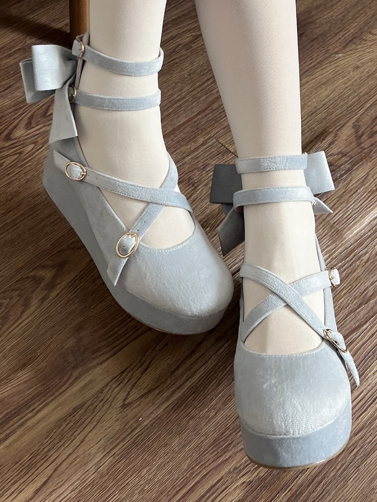 Sweet Accent PU Design Platforms - Blue Wedge Crisscross Lolita Bow