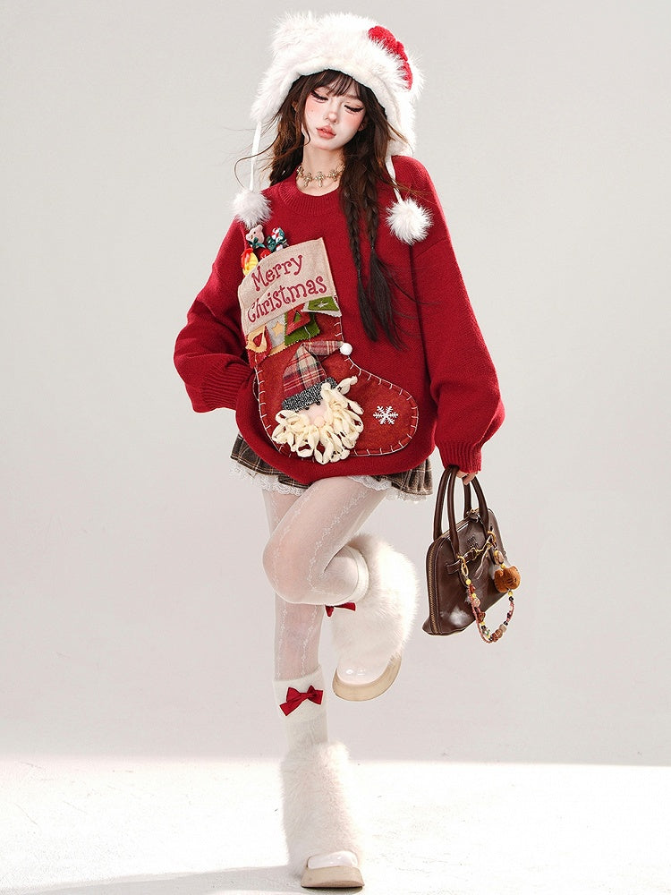 Red Christmas Stocking Design Round Neck Loose Sweater