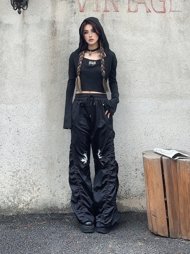Waist Cross Print Design Drawstring Black Ruched Casual Pants