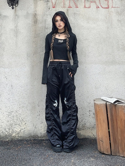 Waist Cross Print Design Drawstring Black Ruched Casual Pants