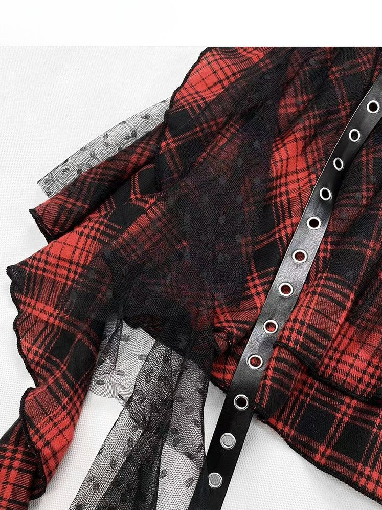 Skirt Glamorous Y2K Pattern Ruffle Cascading BlackRed Trim Plaid