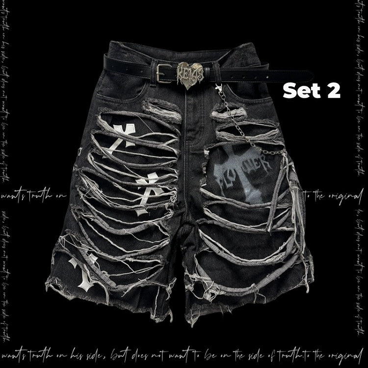 Denim Shorts Y2K Cross Appliques Distressed Holes Dark Gray Glamorous