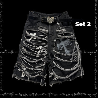 Denim Shorts Y2K Cross Appliques Distressed Holes Dark Gray Glamorous