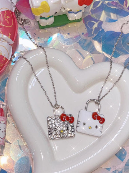 White/Rhinestone Kitty Pendant Necklace