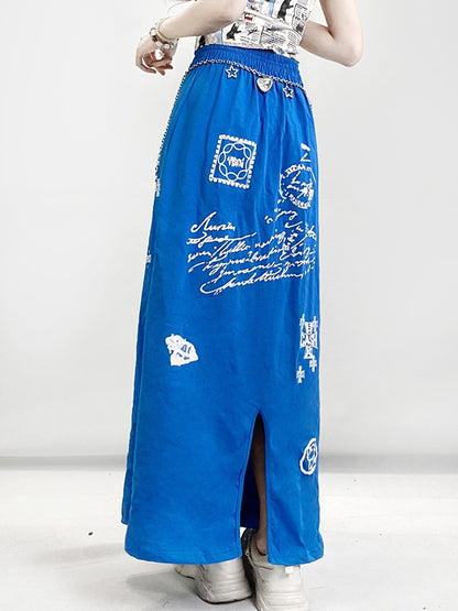 Blue Y2K A-Line Skirt With Letter Sailboat And Cross Prints