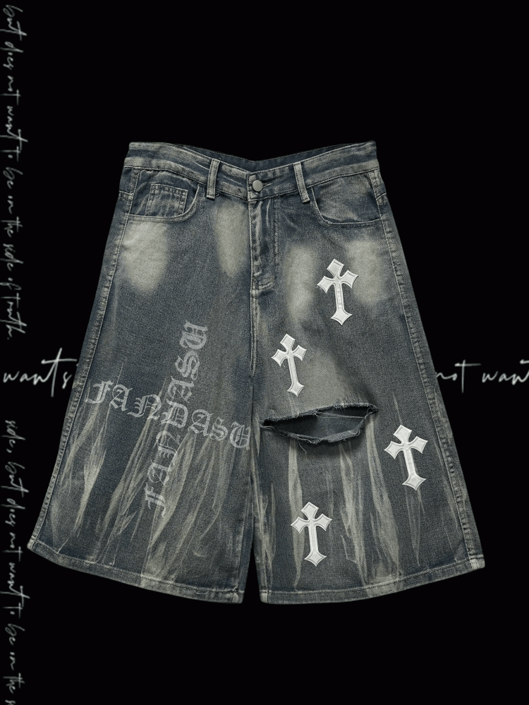 Y2K Blue Cross Appliques Distressed Holes Wide-Leg Jeans