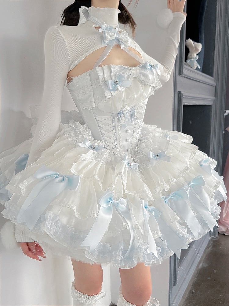 Blue and White Basque Waist Satin Bows Strapless Puffy Dress Full Set