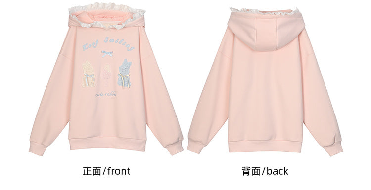 Pink Cute Crocheted Bunnies Details Fleece Lined Hoodie