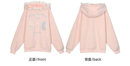 Pink Cute Crocheted Bunnies Details Fleece Lined Hoodie