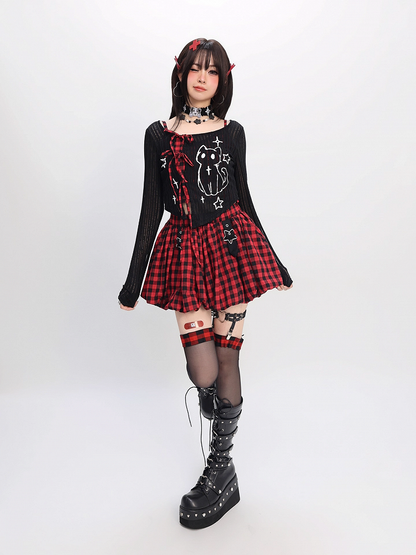 Y2K Coverup Set Plaid Cami Top with Kitten Print Black Red/Gray